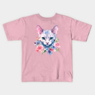 Watercolor romantic cat in flowers Kids T-Shirt